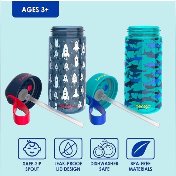 Bentgo Kids Water Bottle 2-Pack Leak-Proof BPA-Free 15oz Cup Straw Rockets - Picture 3 of 6